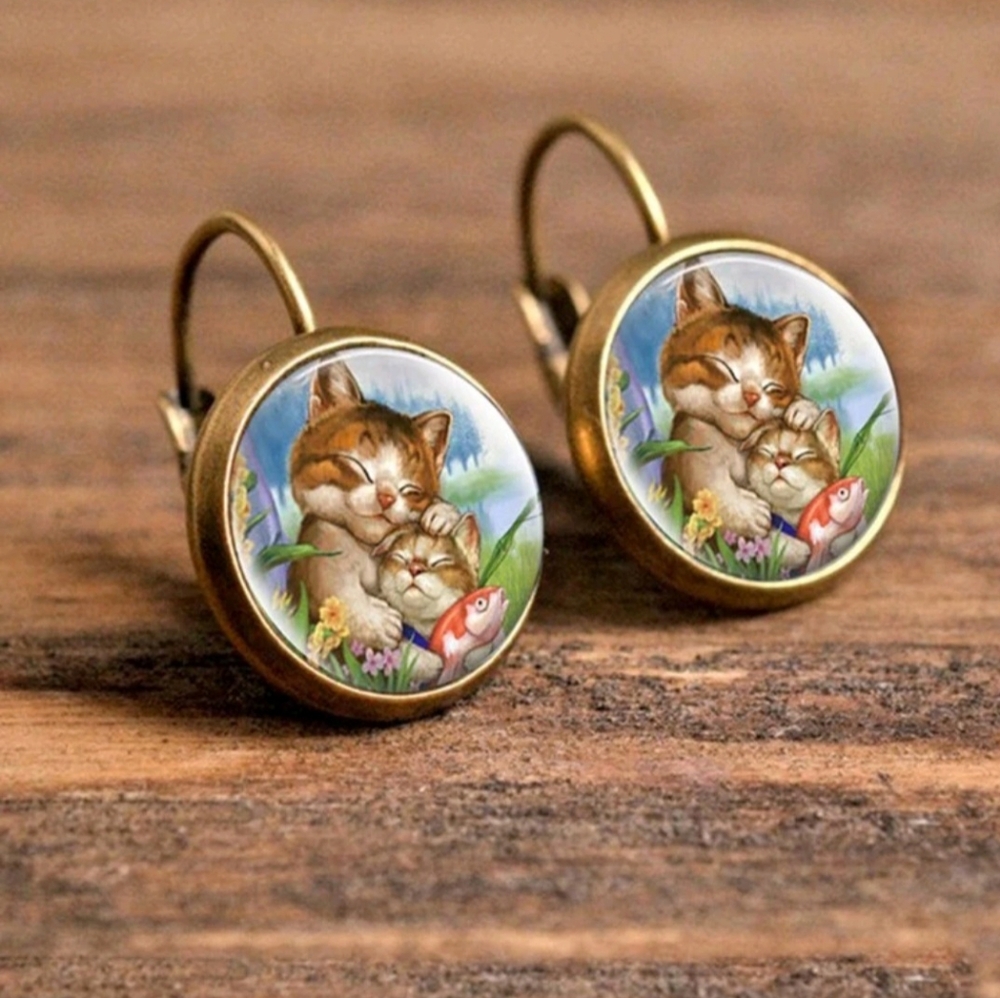 Cute Kitty Cat Round Copper Earrings Antique Vintage Look New!